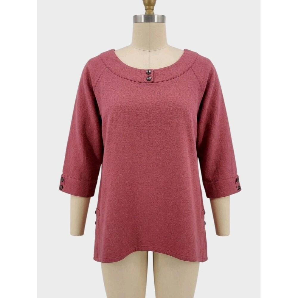 Soft Surroundings Top Women PM  Pink 3/4 Sl Button Accents Side Splits Cotton